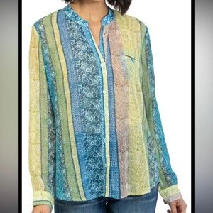 KUT From The Kloth Jasmine‎ Chiffon Button-Up Shirt Blue Green Sheer Small NWT
